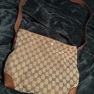 Gucci Beige GG Supreme Canvas Crossbody with Brown Trim and Web